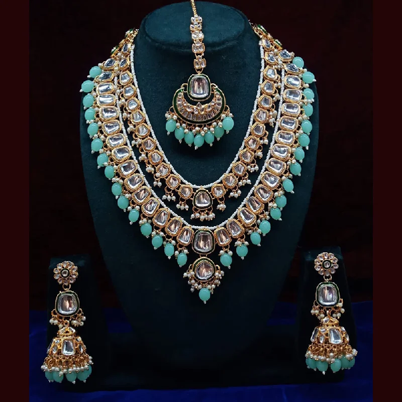 women’s minimalist necklaces-Lucentarts Jewellery Gold Plated Kundan and Beads Necklace Set