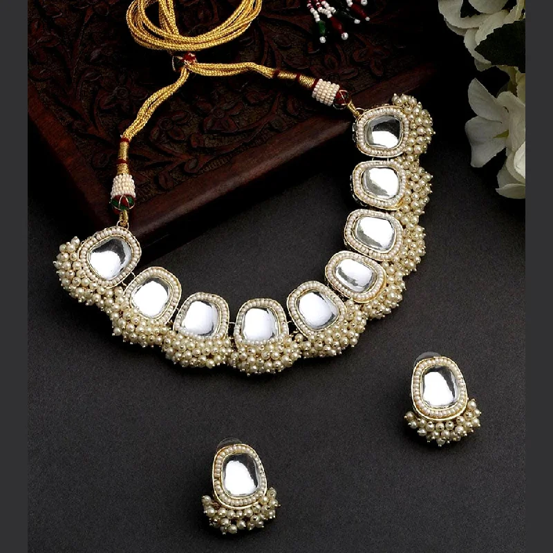 women’s diamond pendants-Lucentarts Jewellery Gold Plated Kundan And Pearl Choker Necklace Set