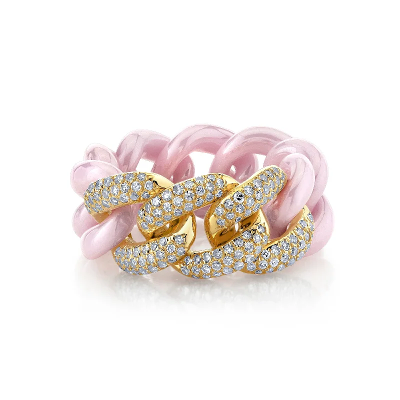 women’s boho rings-TRIPLE PAVE PINK CERAMIC ESSENTIAL LINK RING