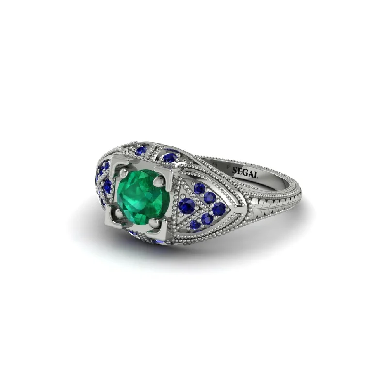 women’s halo setting engagement rings-Round Emerald Filigree Art Deco Vintage Engagement Ring - Bree No. 66