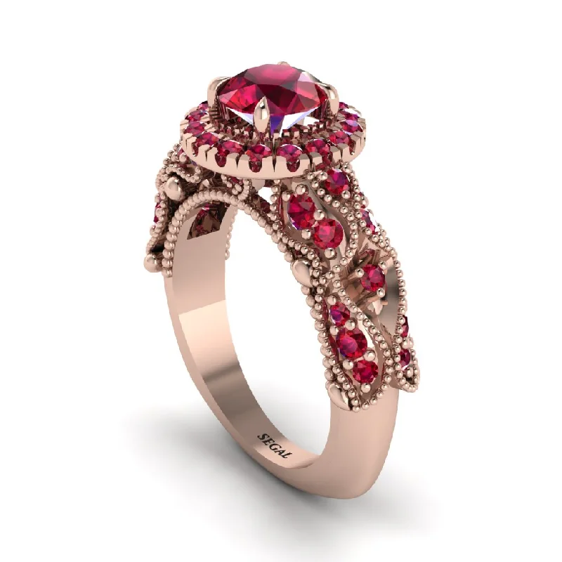 women’s affordable engagement rings-Exclusive Halo Ruby Milgrain Engagement Ring - Kendra No. 56