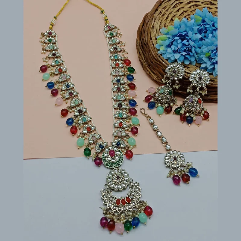 women’s colorful gemstone necklaces-Gehana Mahal Gold Plated Kundan Stone And Pearls Long Necklace Set