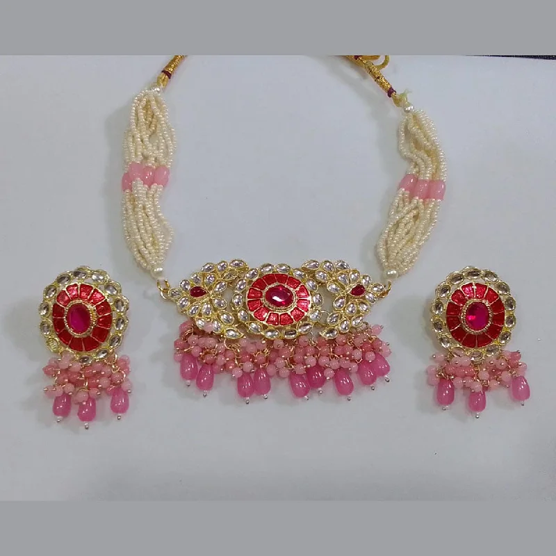 women’s gold necklaces-Midas Touch Gold Plated Kundan And Pearl Choker Necklace Set