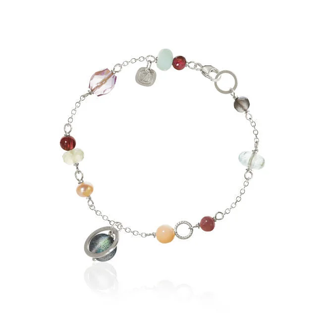 women’s colorful bangles-Piccolo Silver Bracelet w. Aquamarine, Coral, Pearl, Garnet, Moonstone, Chalcedony & Ruby