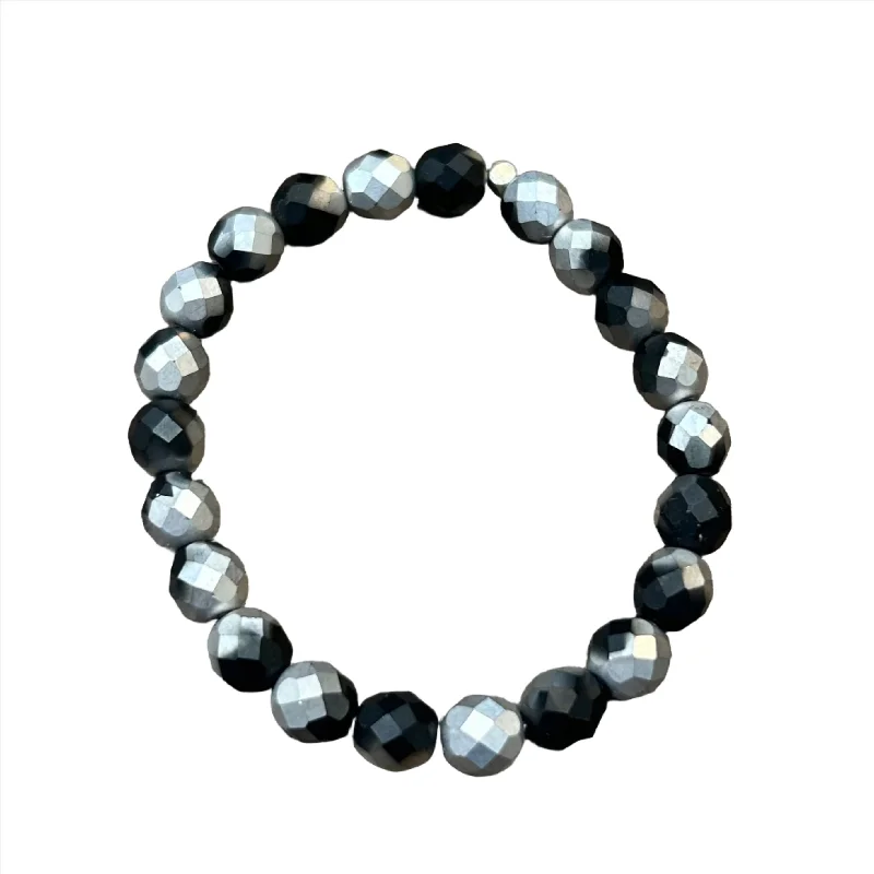 women’s silver charm bracelets-Matte Metallic Black and Silver Faceted 8mm Bracelet