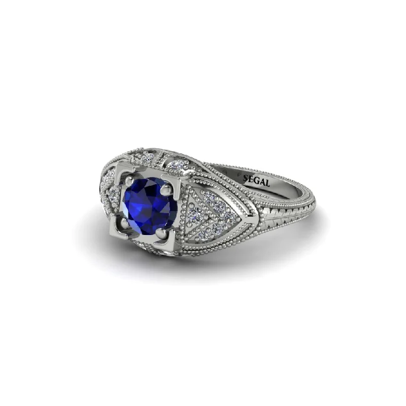 women’s princess cut engagement rings-Round Sapphire Filigree Art Deco Vintage Engagement Ring - Bree No. 15