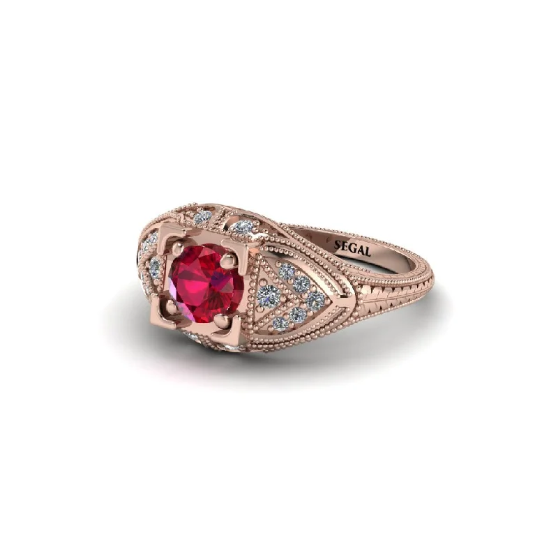 women’s emerald cut engagement rings-Round Ruby Filigree Art Deco Vintage Engagement Ring - Bree No. 11