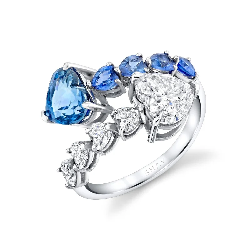 women’s white gold rings-READY TO SHIP CEYLON BLUE SAPPHIRE & DIAMOND & HEART BYPASS RING