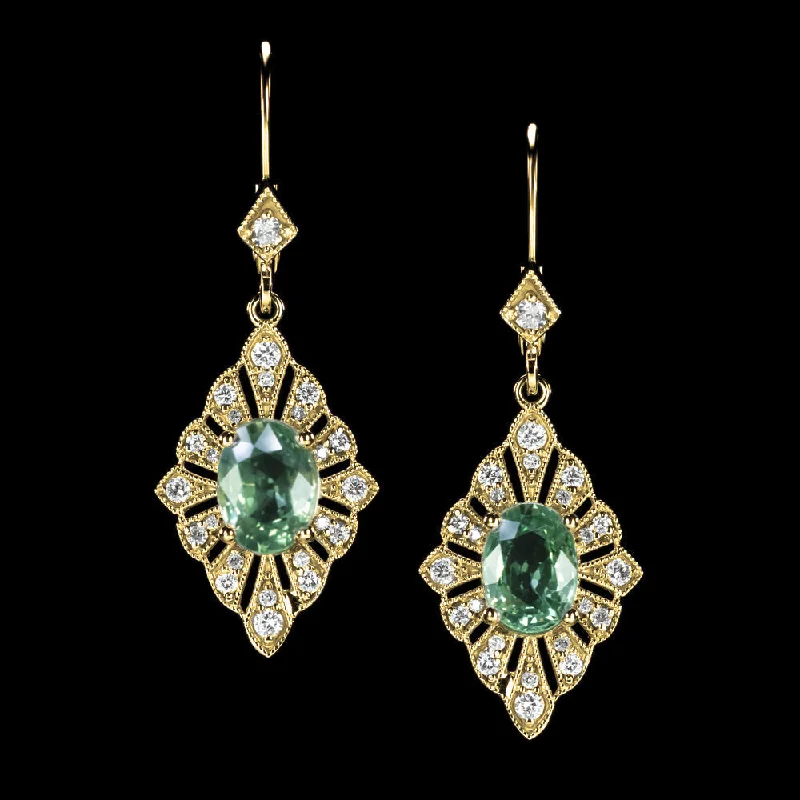 women’s sapphire stud earrings-VINTAGE STYLE GREEN SAPPHIRE DIAMOND DANGLE EARRINGS 14k YELLOW GOLD ART DECO