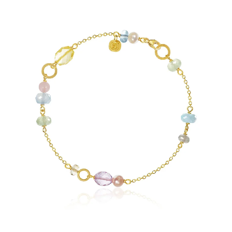 women’s beaded bangles-Piccolo 18K Gold Bracelet w. Aquamarine, Chalcedony, Citrin & Quartz