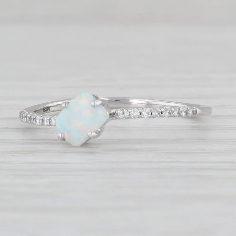 women’s engagement rings with matching wedding bands-Lab Created Opal Diamond Ring 14k White Gold Size 7.25 Stackable Solitaire