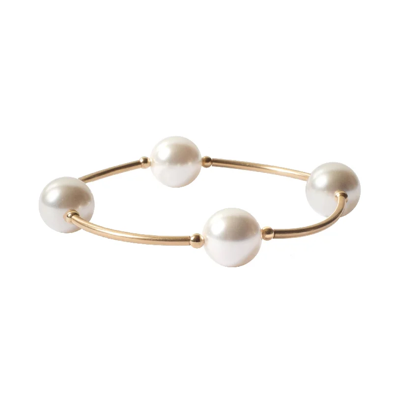 women’s silver bracelets-White Pearl 12mm Blessing Bracelet with Gold Filled Tubes L