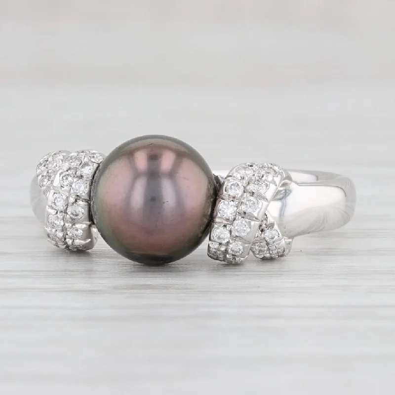 women’s engagement rings with diamonds-Mikimoto Black Cultured Pearl Diamond Ring 750 18k White Gold Size 9.5