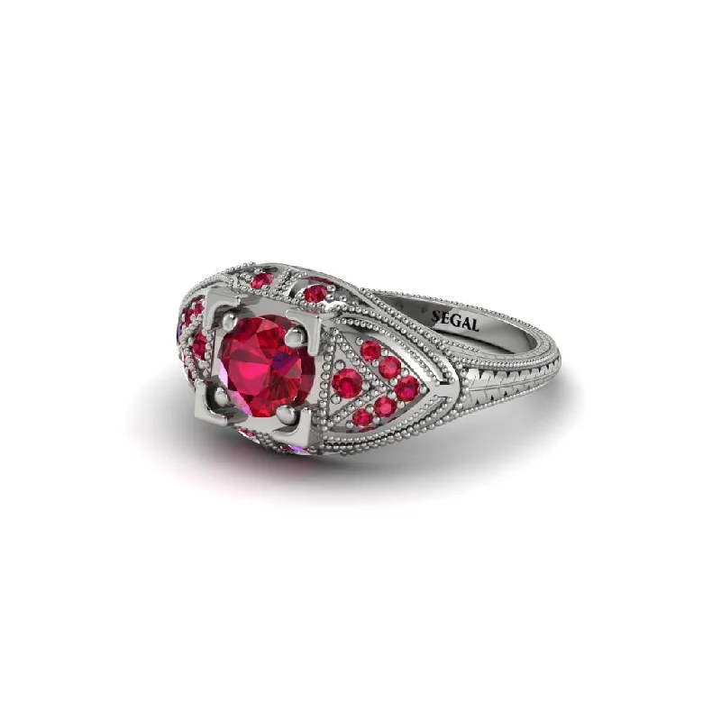 women’s cushion diamond engagement rings-Round Ruby Filigree Art Deco Vintage Engagement Ring - Bree No. 57