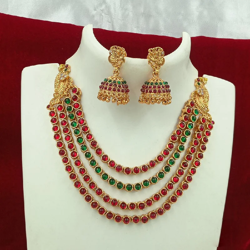 women’s vintage necklaces-Joyful Jewel Art Matte Gold Plated Kundan Stone Multi Layer Necklace Set