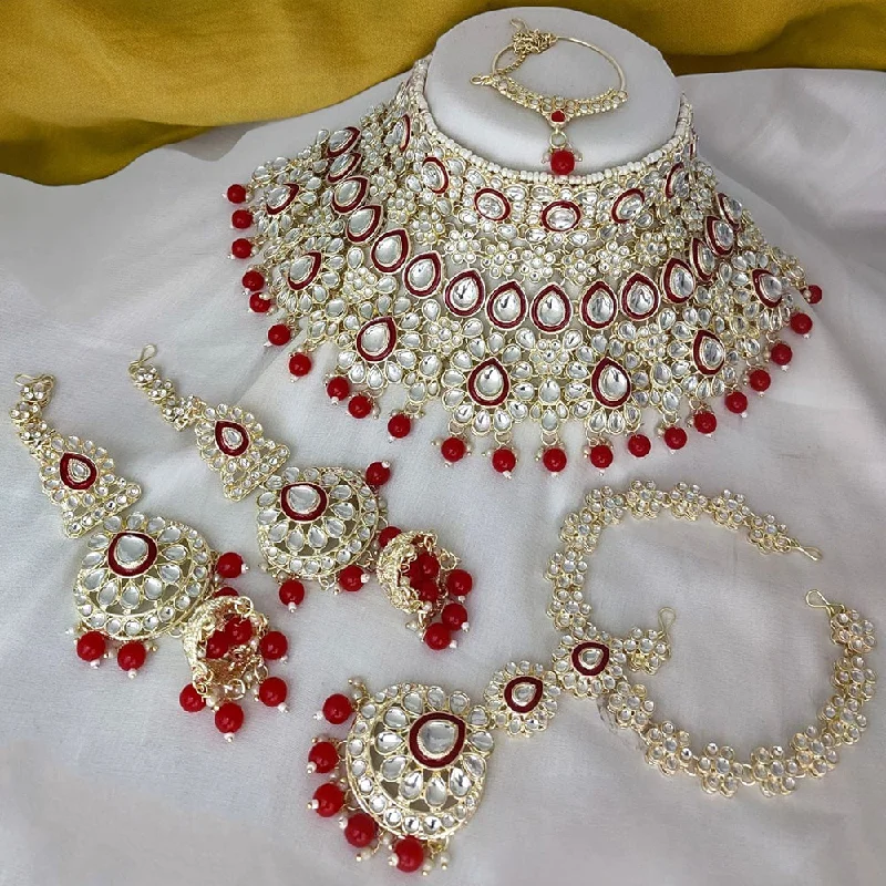 women’s custom necklaces-Gehana Mahal Gold Plated Kundan Stone Semi Bridal Necklace Set