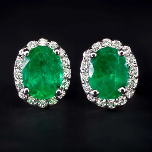 women’s long dangling earrings-1 CARAT EMERALD DIAMOND STUD EARRINGS OVAL SHAPE CUT HALO NATURAL WHITE GOLD 1ct