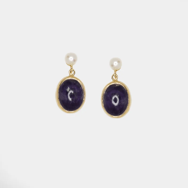 women’s dangly earrings-VINTAGE AMETHYST PEARL EARRINGS 14k YELLOW GOLD DROP DANGLE BEZEL NATURAL PURPLE