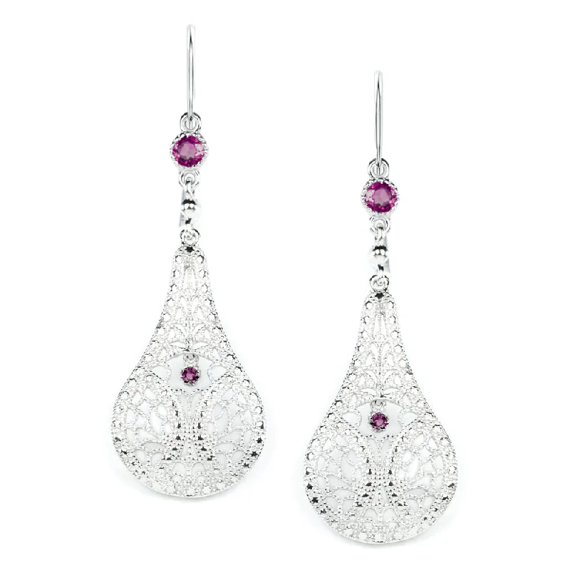 women’s leaf earrings-RHODOLITE GARNET FILIGREE EARRINGS STERLING SILVER DANGLE TEARDROP VINTAGE STYLE