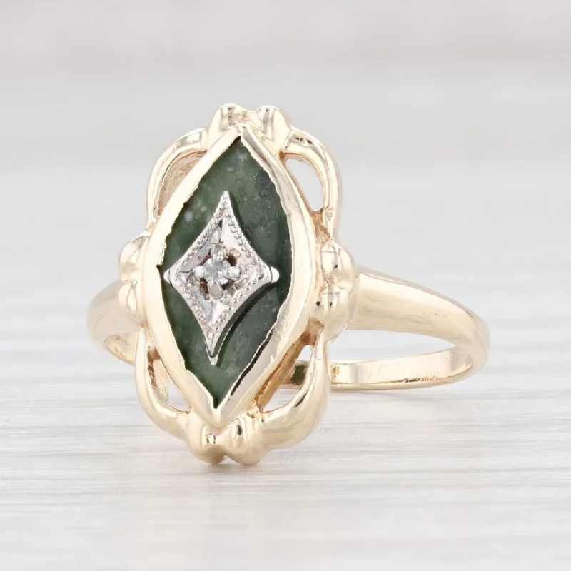 women’s princess cut engagement rings-Vintage Nephrite Jade Diamond Ring 10k Gold Size 4.75