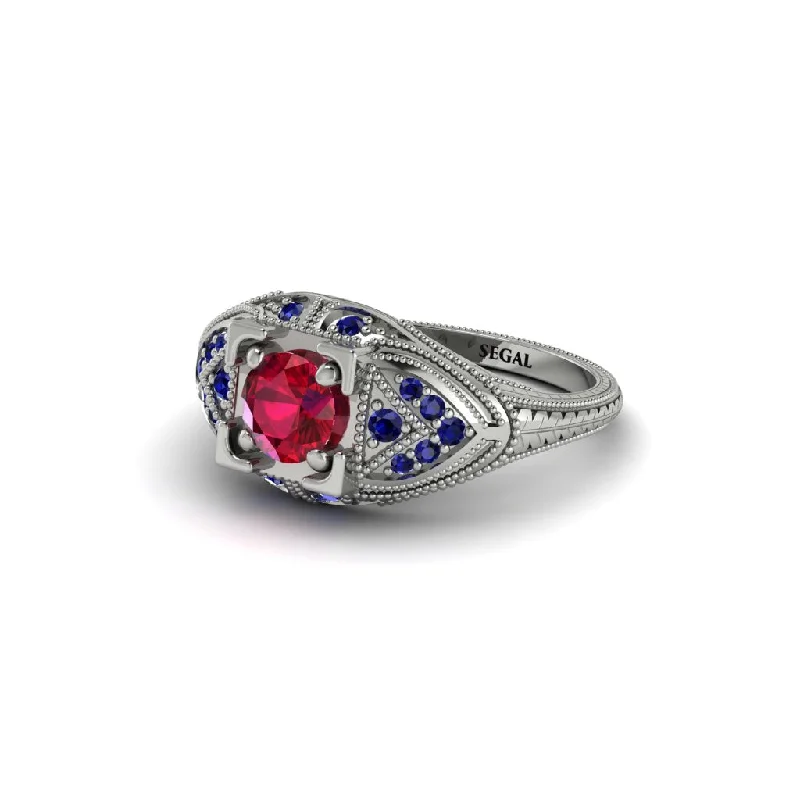 women’s diamond eternity engagement rings-Round Ruby Filigree Art Deco Vintage Engagement Ring - Bree No. 72