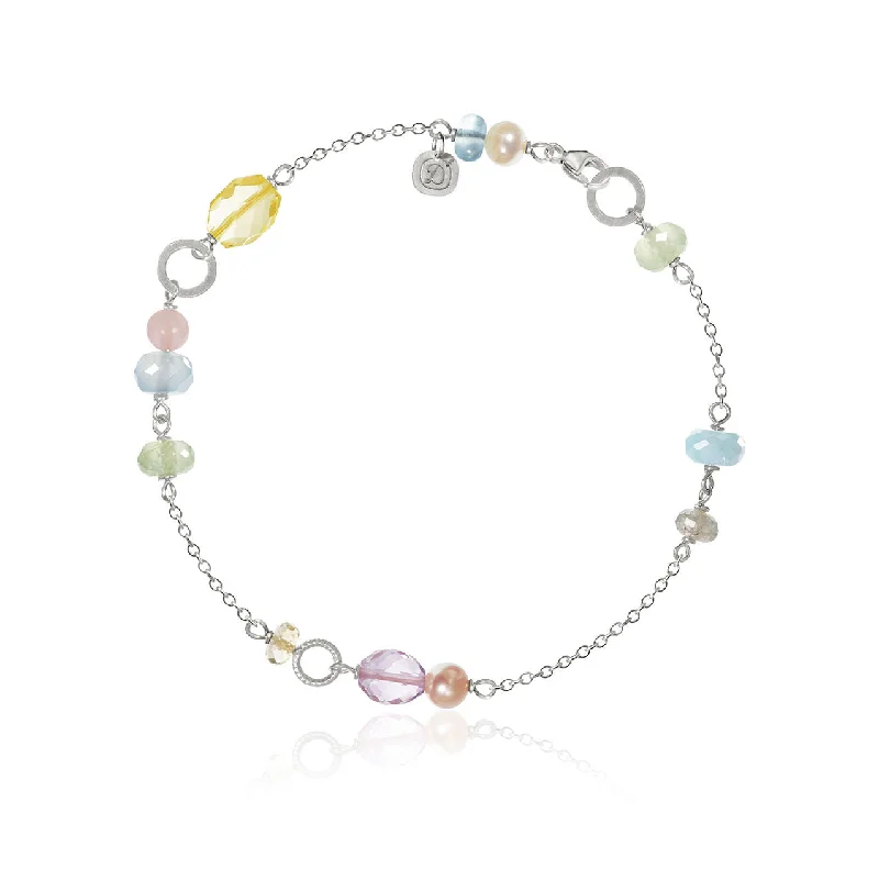 women’s wide cuff bracelets-Piccolo Silver Bracelet w. Aquamarine, Chalcedony, Citrin & Quartz