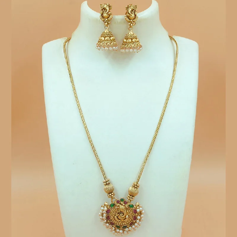 women’s long gold necklaces-Joyful Jewel Art Matte Gold Plated Pota Stone And Pearls Ganesha Lord Long Necklace Set