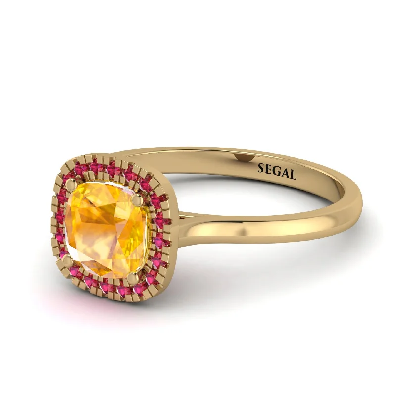 women’s rose gold wedding rings-Vintage Classic Halo Cushion Yellow Diamond Ring - Skylar No. 1010