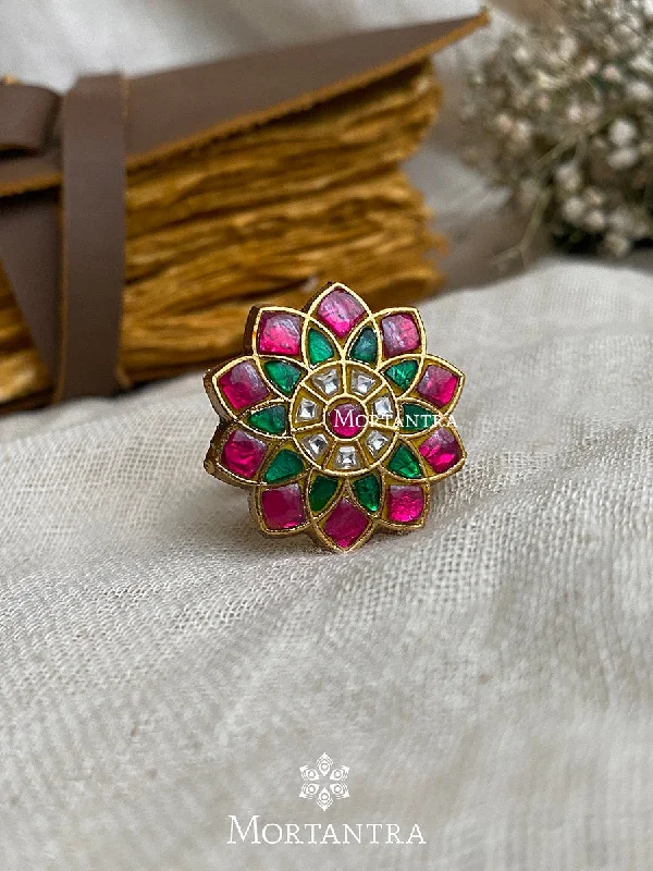 women’s unique engagement rings-Multicolor Gold Plated Thappa Jadau Kundan Ring - TJ-R13M