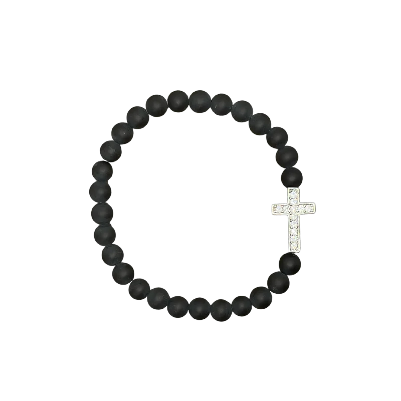 women’s simple bangles-Small Silver Pave Cross Matte Black 6mm Bracelet