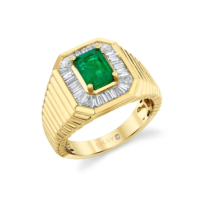 women’s vintage diamond rings-READY TO SHIP MEN'S EMERALD & DIAMOND RIVET CHAMPION RING