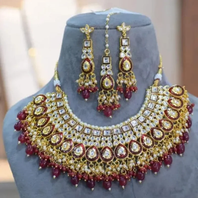 women’s simple necklaces-Palak Art Gold Plated Kundan Stone And Beads Necklace Set