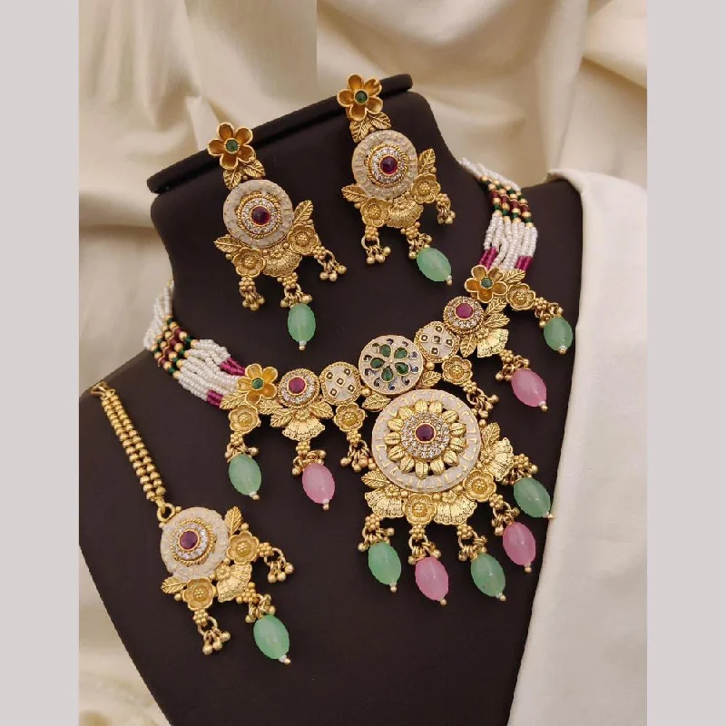 women’s heart-shaped necklaces-Neetu Art Gold Plated Pota Stone And Meenakari Pearls Necklace Set