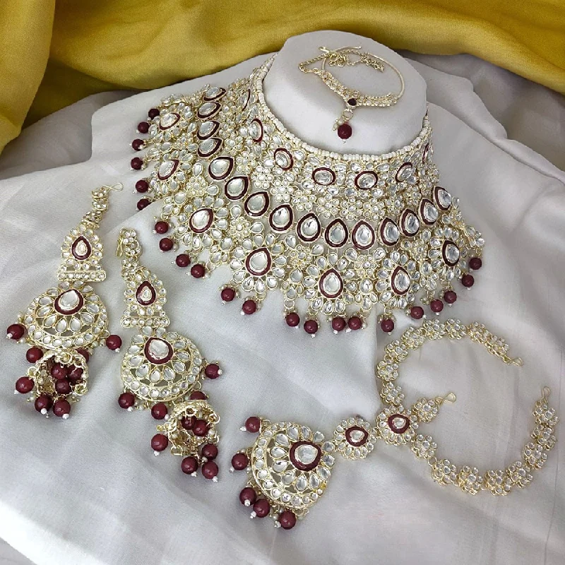 women’s trendy necklaces-Gehana Mahal Gold Plated Kundan Stone Semi Bridal Necklace Set