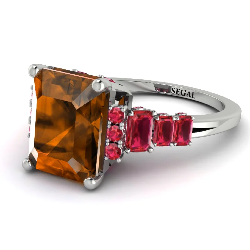 women’s engagement rings with colored stones-Emerald Cut Brown Diamond Ring Hidden Round Diamonds - Sawyer No. 1112