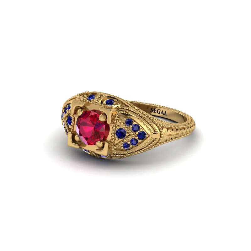 women’s oval diamond engagement rings-Round Ruby Filigree Art Deco Vintage Engagement Ring - Bree No. 70