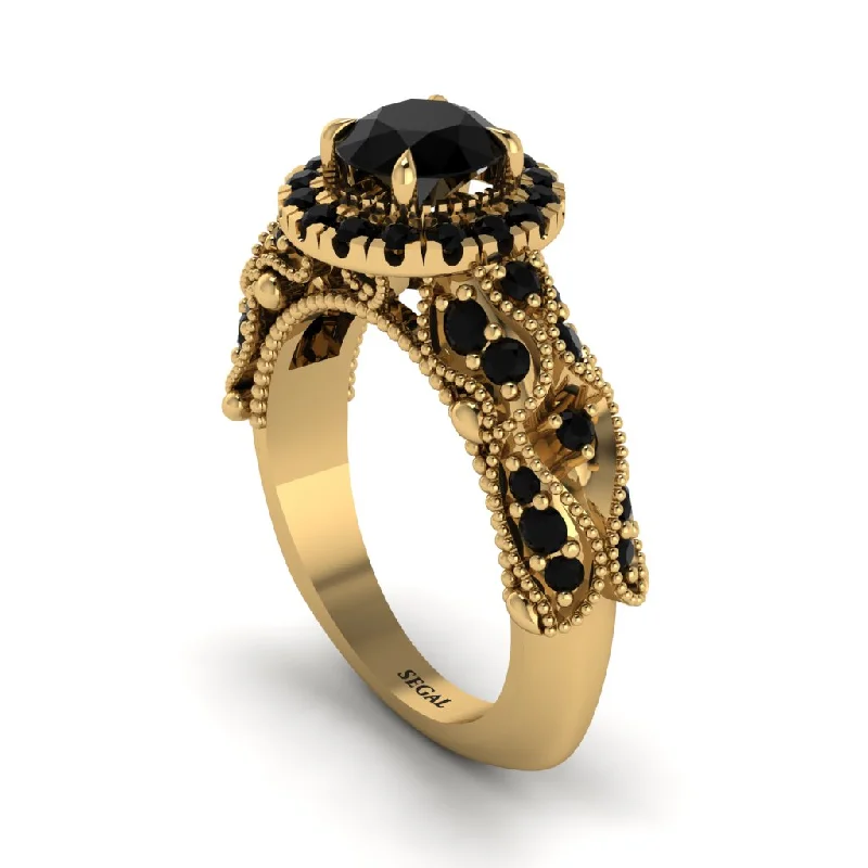 women’s unique solitaire engagement rings-Exclusive Halo Black Diamond Milgrain Engagement Ring - Kendra No. 37