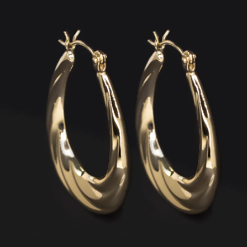 women’s chic earrings-14K YELLOW GOLD OVAL HOOP EARRINGS TWIST SIMPLE CLASSIC EVERYDAY BIG LIGHTWEIGHT