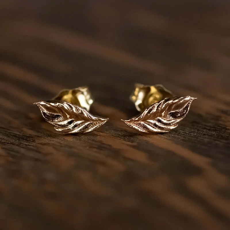 women’s big earrings-LEAF EARRINGS 14K YELLOW GOLD STUDS DAINTY MINIMALIST ORGANIC NATURE TEXTURED YG