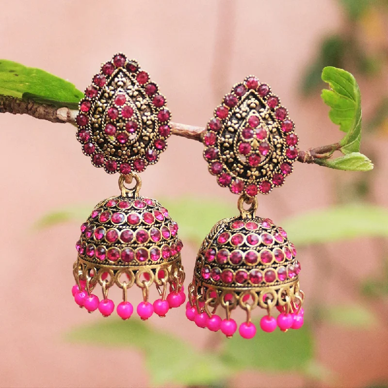 women’s minimalist earrings-H K Fashion Antique Gold Austrian Stone And Beads Jhumki Earrings