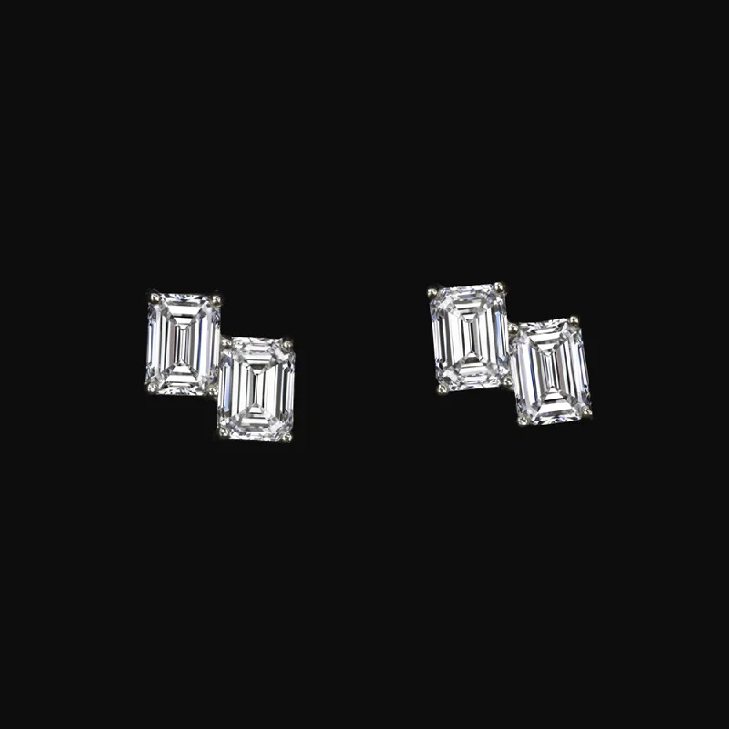 women’s vintage gold earrings-EMERALD CUT LAB CREATED DIAMOND STUD EARRINGS 14k WHITE GOLD CLUSTER MINIMALIST