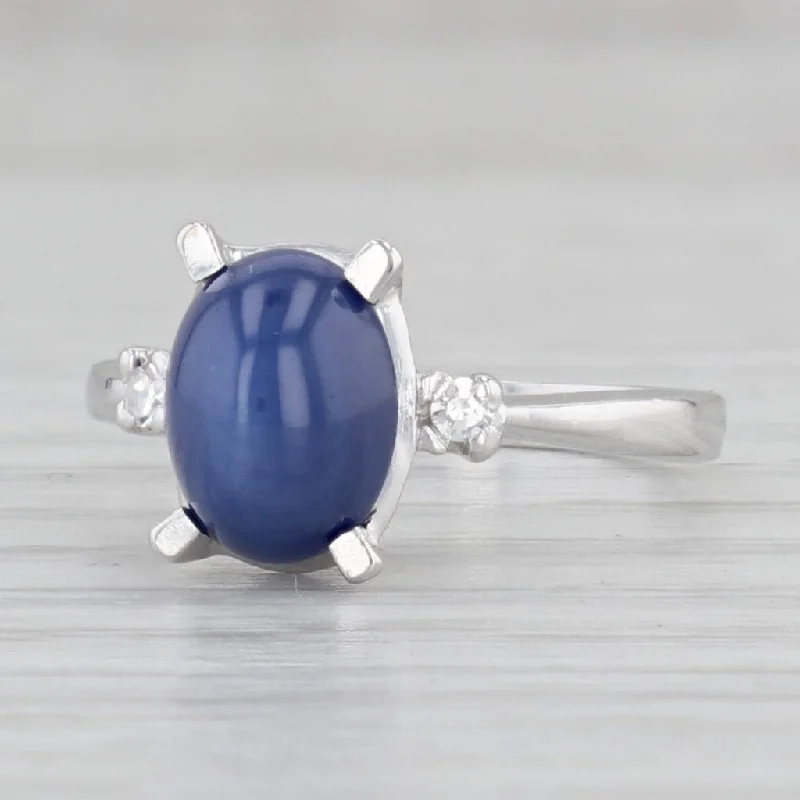 women’s unique vintage engagement rings-Lab Created Linde Star Sapphire Diamond Ring 14k White Gold S 6.25 Oval Cabochon