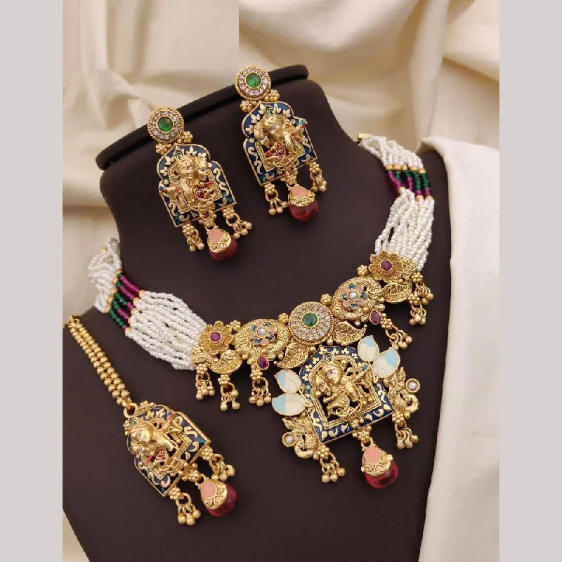 women’s custom necklaces-Neetu Art Gold Plated Pota Stone And Meenakari Pearls Necklace Set