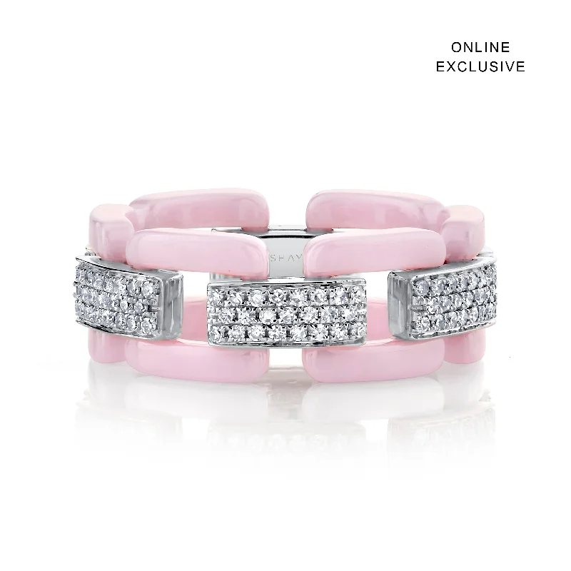 women’s diamond rings with sapphires-DIAMOND PAVE PINK CERAMIC DECO LINK RING