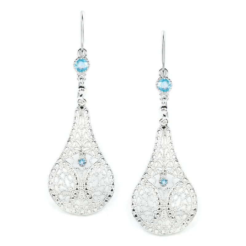 women’s chic earrings-SWISS BLUE TOPAZ FILIGREE EARRINGS STERLING SILVER DANGLE TEARDROP VINTAGE STYLE