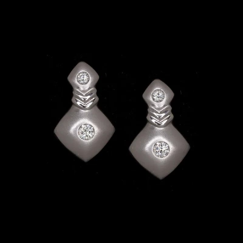 women’s geometric stud earrings-VINTAGE DIAMOND WHITE GOLD STUD DROP EARRINGS 80s RETRO FLUSH SET SATIN ESTATE