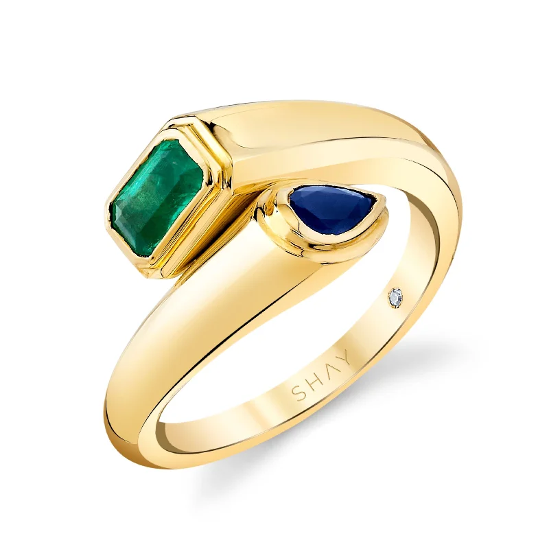 women’s halo engagement rings-READY TO SHIP EMERALD & BLUE SAPPHIRE MIXED BYPASS PINKY RING