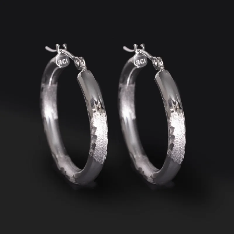 women’s long dangling earrings-10k WHITE GOLD VINTAGE HOOP EARRINGS MINIMALIST BRUSH FINISH FLORAL HUGGIE SMALL