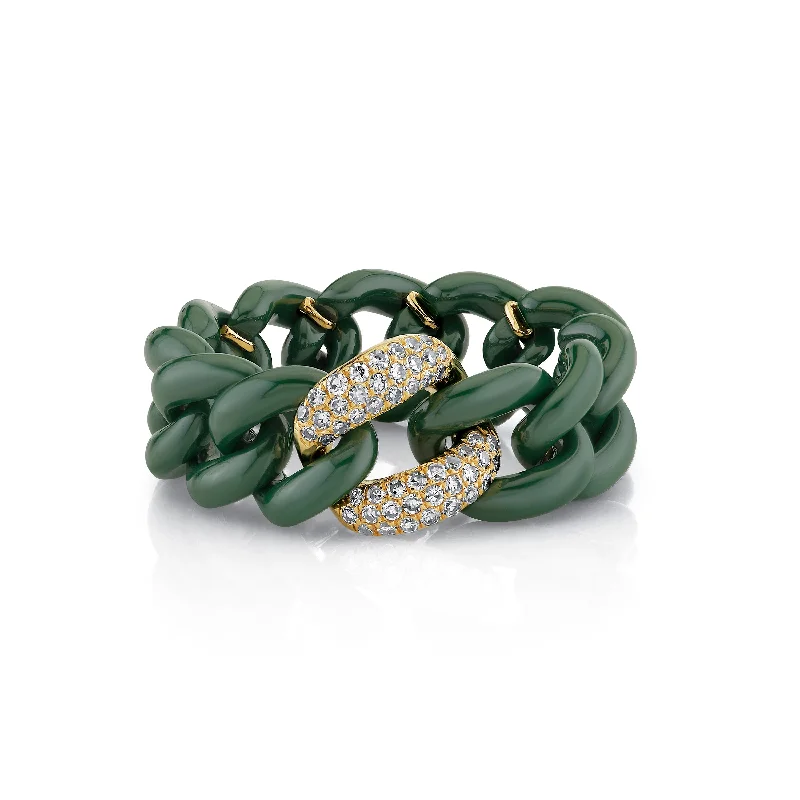 women’s birthstone rings-READY TO SHIP SINGLE PAVE GREEN CERAMIC MEDIUM LINK RING