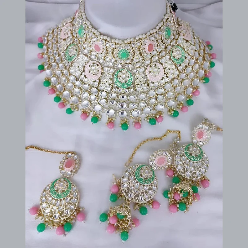 women’s double chain necklaces-Gehana Mahal Gold Plated Kundan Stone Necklace Set